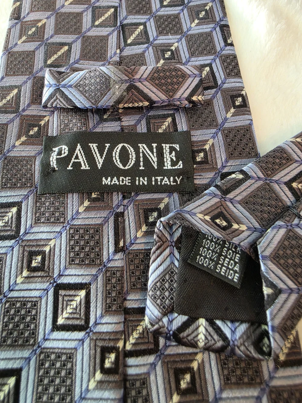 Vintage Pavone Men's Silk Necktie Geometric Squares Silver Blue Black Tie Italy